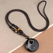 Buddha Stones Yin Yang Symbol Om Mani Padme Hum Black Obsidian Strength Necklace Pendant - image 2