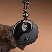 Buddha Stones Yin Yang Symbol Om Mani Padme Hum Black Obsidian Strength Necklace Pendant - Black Obsidian(Pendant Size: 37*8mm) - image 0