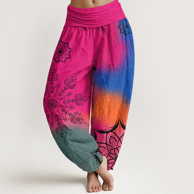 Buddha Stones Cotton Brightly Colored Mandala Pattern Women's Elastic Waist Harem Pants - DeepPink - US16，UK/AU20，EU48 (3XL) - image 0