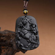 Buddha Stones Year of the Horse Monkey Pattern Om Mani Padme Hum Black Obsidian Strength Necklace Pendant - Horse&Monkey&Six True Words - image 0