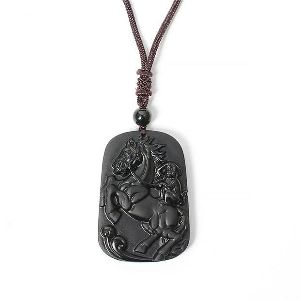 Buddha Stones Year of the Horse Monkey Pattern Om Mani Padme Hum Black Obsidian Strength Necklace Pendant - image 16