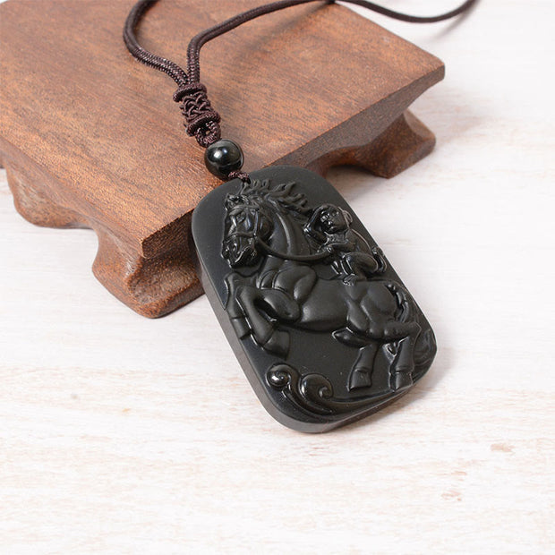 Buddha Stones Year of the Horse Monkey Pattern Om Mani Padme Hum Black Obsidian Strength Necklace Pendant - image 10