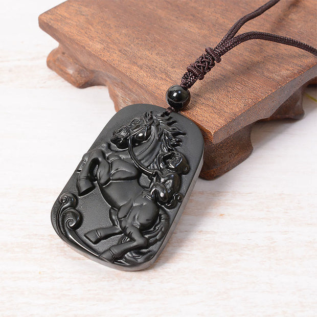 Buddha Stones Year of the Horse Monkey Pattern Om Mani Padme Hum Black Obsidian Strength Necklace Pendant - image 9