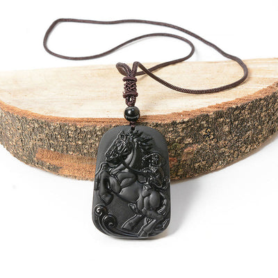 Buddha Stones Year of the Horse Monkey Design Black Obsidian Purification Necklace Pendant - image 0