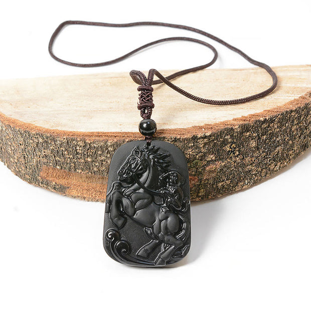 Buddha Stones Year of the Horse Monkey Pattern Om Mani Padme Hum Black Obsidian Strength Necklace Pendant - image 6