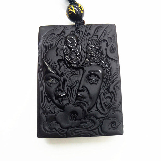 Buddha Stones Half Demon Half Buddha Relief Design Black Obsidian Strength Necklace Pendant - image 5