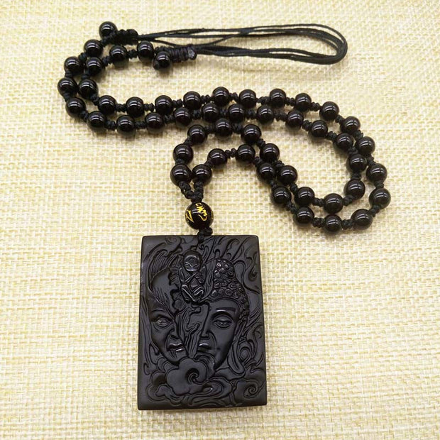 Buddha Stones Half Demon Half Buddha Relief Design Black Obsidian Strength Necklace Pendant - image 3