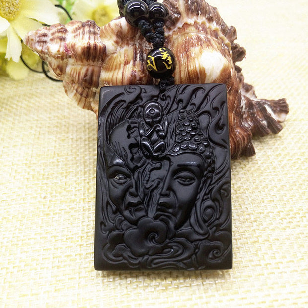 Buddha Stones Half Demon Half Buddha Relief Design Black Obsidian Strength Necklace Pendant - Half Demon Half Buddha - image 0