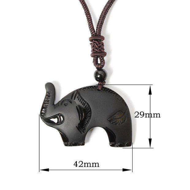Buddha Stones Elephant Symbol Carved Design Black Obsidian Strength Necklace Pendant - Black Obsidian(Pendant Size: 29*42mm) - image 1
