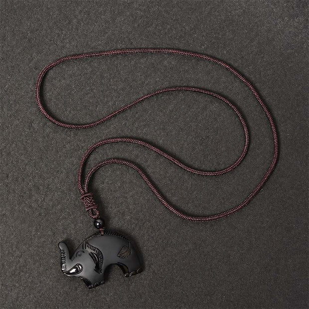 Buddha Stones Elephant Symbol Carved Design Black Obsidian Strength Necklace Pendant - image 6
