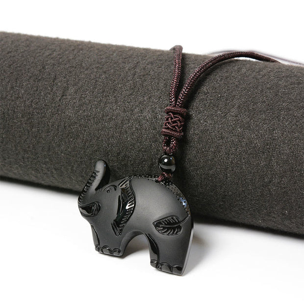 Buddha Stones Elephant Symbol Carved Design Black Obsidian Strength Necklace Pendant - image 3