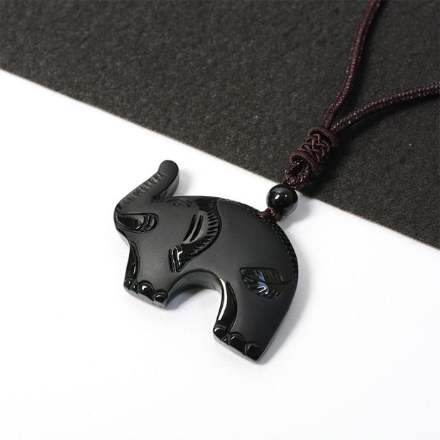 Buddha Stones Elephant Symbol Carved Design Black Obsidian Strength Necklace Pendant - image 4