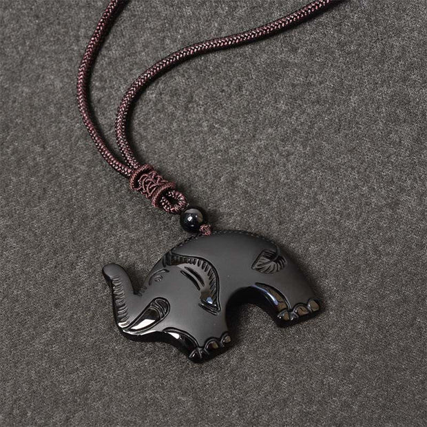 Buddha Stones Elephant Symbol Carved Design Black Obsidian Strength Necklace Pendant - image 5