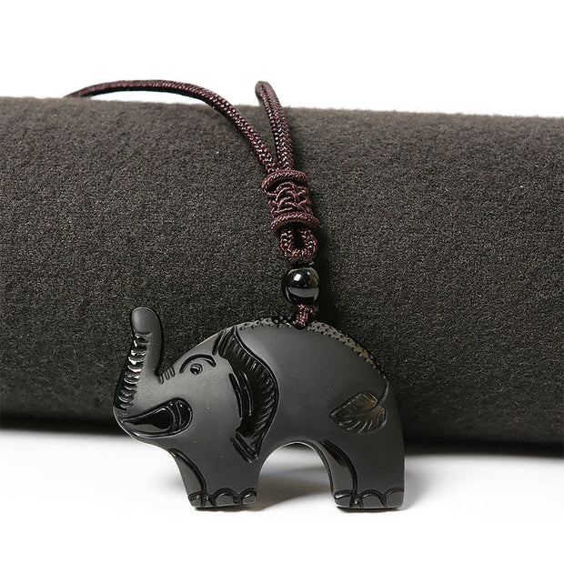 Buddha Stones Elephant Symbol Carved Design Black Obsidian Strength Necklace Pendant - image 2