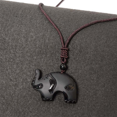 Buddha Stones Elephant Symbol Carved Design Black Obsidian Strength Necklace Pendant - image 0