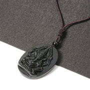 Buddha Stones Ganesh Elephant Relief Design Natural Black Obsidian Strength Necklace Pendant - image 2