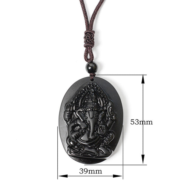 Buddha Stones Ganesh Elephant Relief Design Natural Black Obsidian Strength Necklace Pendant - Black Obsidian(Pendant Size: 53*39mm) - image 1