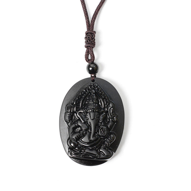 Buddha Stones Ganesh Elephant Relief Design Natural Black Obsidian Strength Necklace Pendant - image 7