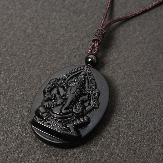 Buddha Stones Ganesh Elephant Relief Design Natural Black Obsidian Strength Necklace Pendant - image 6