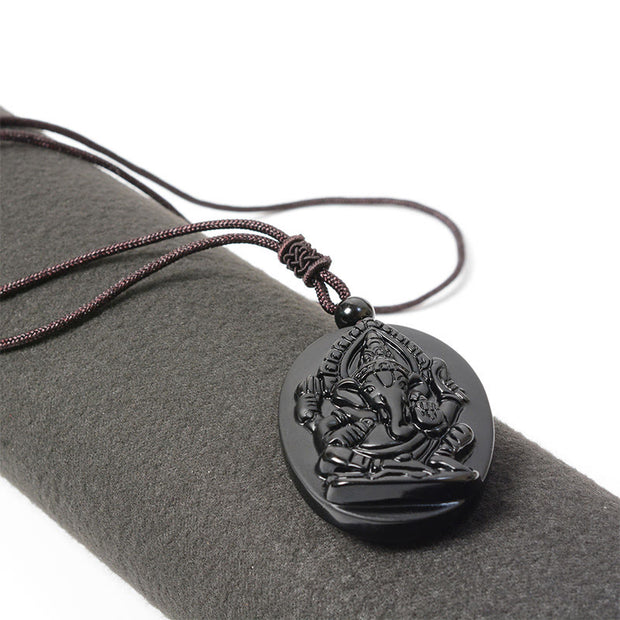 Buddha Stones Ganesh Elephant Relief Design Natural Black Obsidian Strength Necklace Pendant - image 5