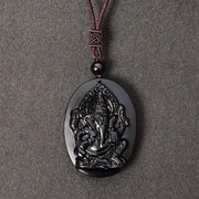 Buddha Stones Ganesh Elephant Relief Design Natural Black Obsidian Strength Necklace Pendant - image 0