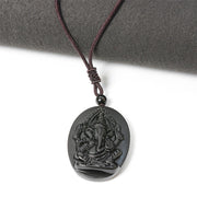 Buddha Stones Ganesh Elephant Relief Design Natural Black Obsidian Strength Necklace Pendant - image 3