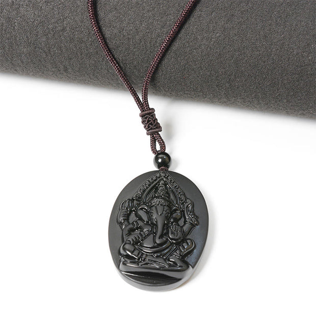 Buddha Stones Ganesh Elephant Relief Design Natural Black Obsidian Strength Necklace Pendant - image 3