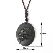 Buddha Stones Wolf Head Natural Black Obsidian Strength Necklace Pendant - Black Obsidian(Pendant Size: 52*41mm) - image 1