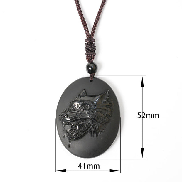 Buddha Stones Wolf Head Natural Black Obsidian Strength Necklace Pendant - Black Obsidian(Pendant Size: 52*41mm) - image 1