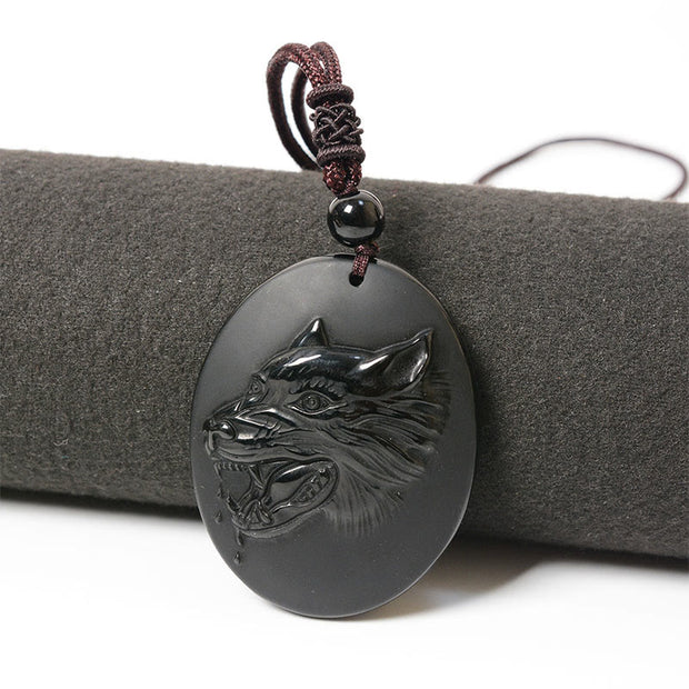 Buddha Stones Wolf Head Natural Black Obsidian Strength Necklace Pendant - image 2
