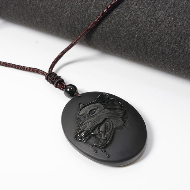 Buddha Stones Wolf Head Natural Black Obsidian Strength Necklace Pendant - image 4
