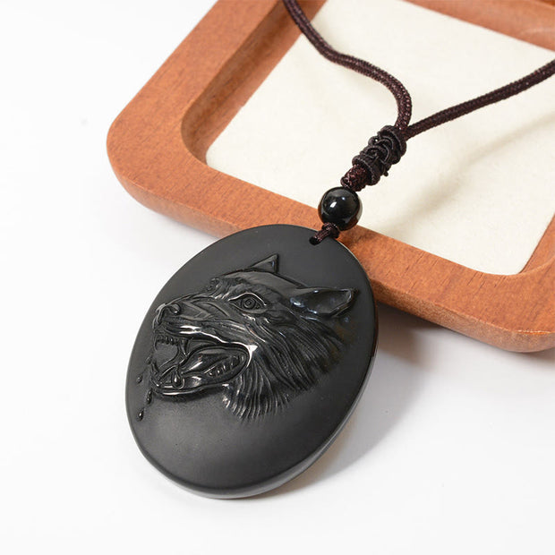 Buddha Stones Wolf Head Natural Black Obsidian Strength Necklace Pendant - image 5