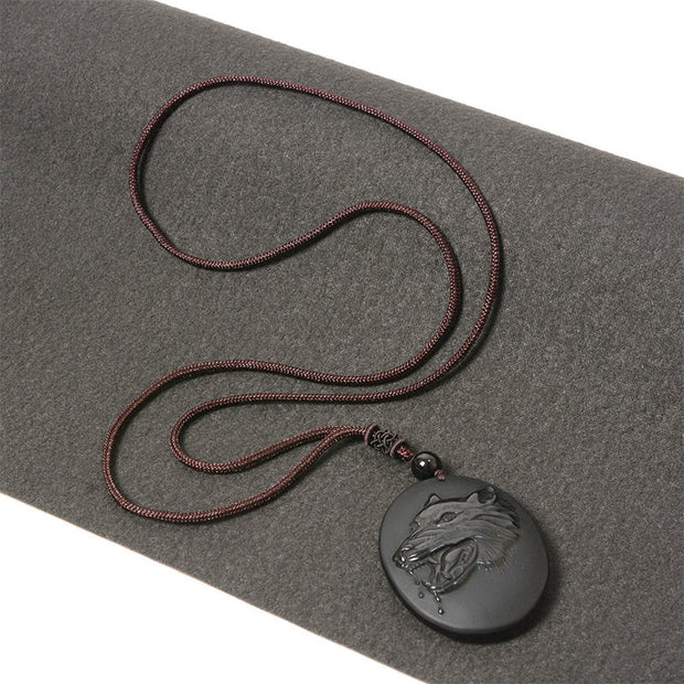 Buddha Stones Wolf Head Natural Black Obsidian Strength Necklace Pendant - image 6