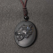 Buddha Stones Wolf Head Natural Black Obsidian Strength Necklace Pendant - image 0