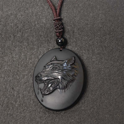 Buddha Stones Wolf Head Natural Black Obsidian Strength Necklace Pendant - image 0