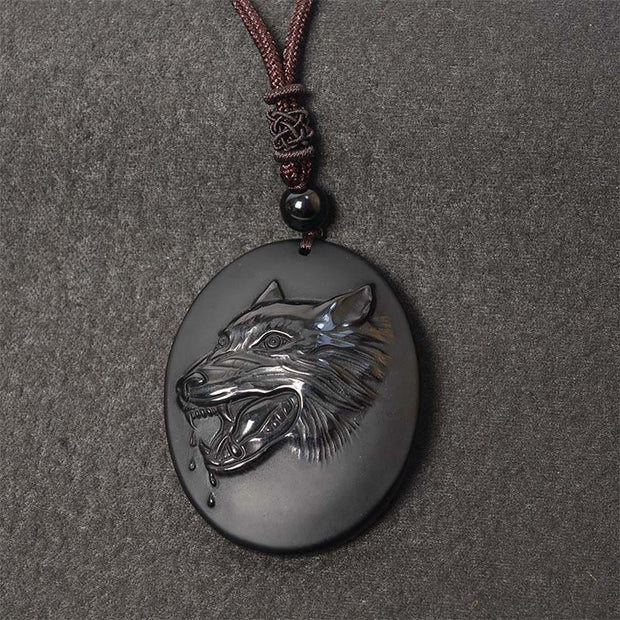 Buddha Stones Wolf Head Natural Black Obsidian Strength Necklace Pendant - image 0