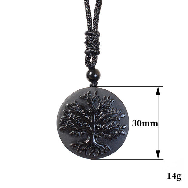Buddha Stones Natural The Tree of Life Pattern Black Obsidian Transformation Necklace Pendant - Black Obsidian(Pendant Size: 30mm) - image 1