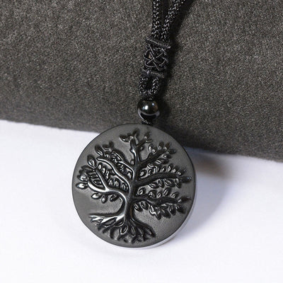 Buddha Stones Natural The Tree of Life Pattern Black Obsidian Transformation Necklace Pendant - image 0
