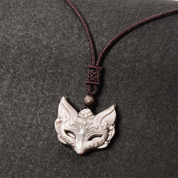 Buddha Stones Relief Fox Design Silver Sheen Obsidian Ice Obsidian Protection Necklace Pendant - image 0