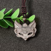 Buddha Stones Relief Fox Design Silver Sheen Obsidian Ice Obsidian Protection Necklace Pendant - image 2