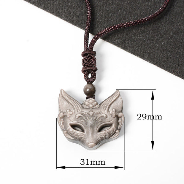 Buddha Stones Relief Fox Design Silver Sheen Obsidian Ice Obsidian Protection Necklace Pendant - Silver Sheen Obsidian(Pendant Size: 29*31mm) - image 1