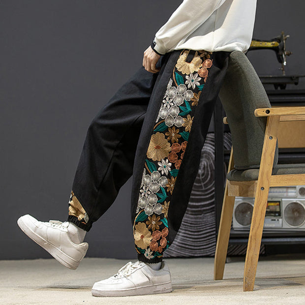 Buddha Stones Spring Men's Embroiderd Flower Pattern Patchwork Cotton Pants With Pockets - image 1