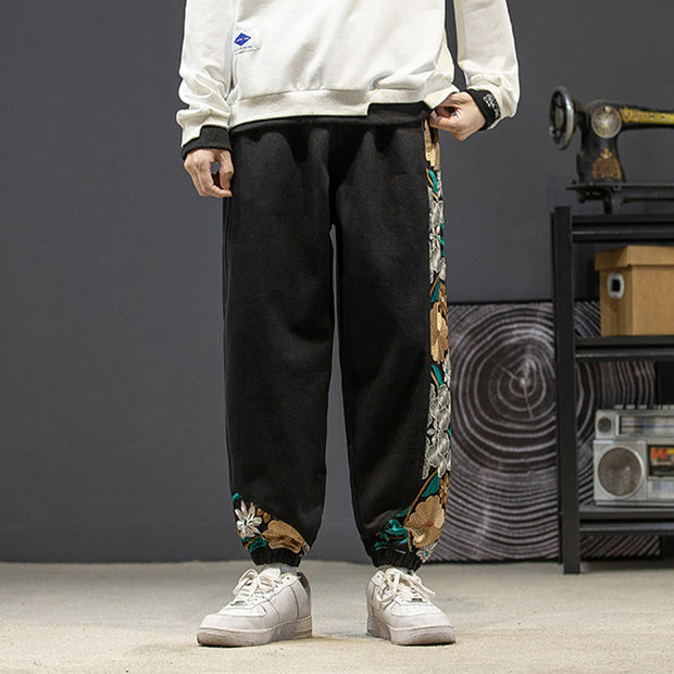 Buddha Stones Spring Men's Embroiderd Flower Pattern Patchwork Cotton Pants With Pockets - image 3