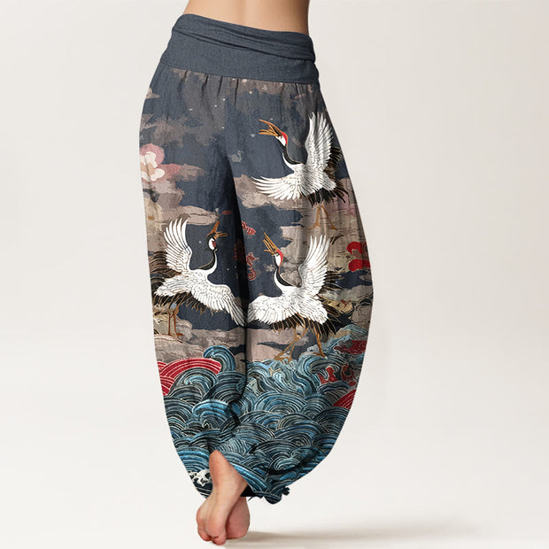 Buddha Stones Cotton Classic Crane Waves Cloud Pattern Women's Elastic Waist Harem Pants - image 1