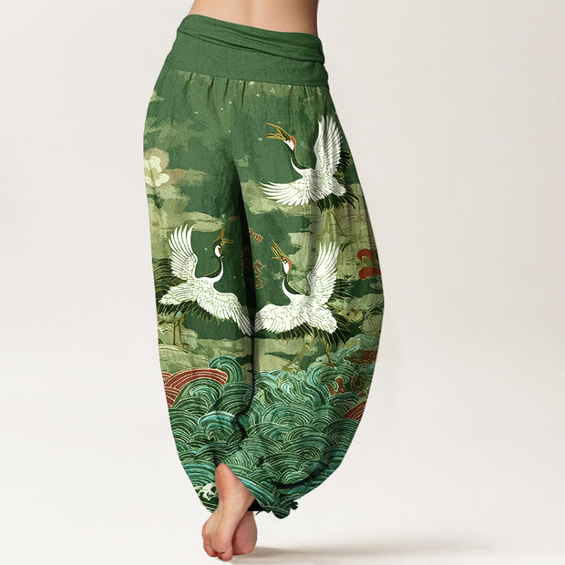 Buddha Stones Cotton Classic Crane Waves Cloud Pattern Women's Elastic Waist Harem Pants - image 6