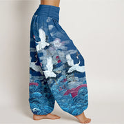 Buddha Stones Cotton Classic Crane Waves Cloud Pattern Women's Elastic Waist Harem Pants - image 10
