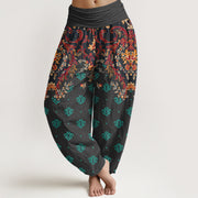 Buddha Stones Cotton Symmetrical Leaf  Scroll Pattern Women's Elastic Waist Harem Pants - Black - US16，UK/AU20，EU48 (3XL) - image 5