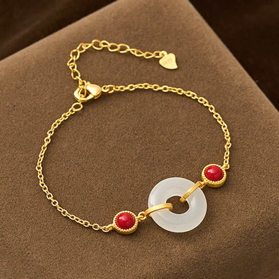 Buddha Stones Peace Buckle Hetian White Jade Copper Plated Gold Protection Bracelet - Hetian White Jade(Wrist Circumference: 19-23cm) - image 0