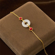 Buddha Stones Peace Buckle Hetian White Jade Copper Plated Gold Protection Bracelet - image 2