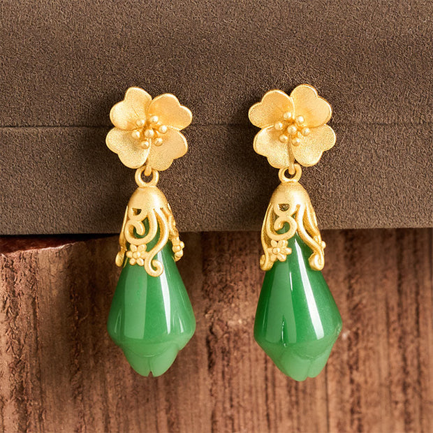 Buddha Stones Magnolia Flower Green Jasper Copper Plated Gold Balance Earrings - image 2